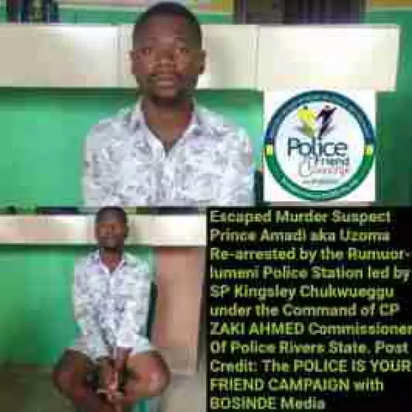 Photo: Escaped murder suspect re-arrested in Rivers State